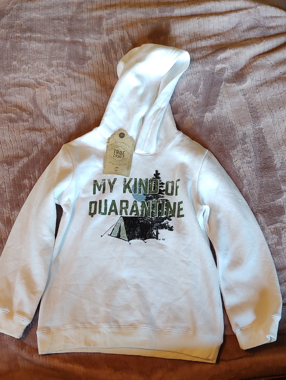 True Craft White Kids Hoodie with Green Camping Graphic